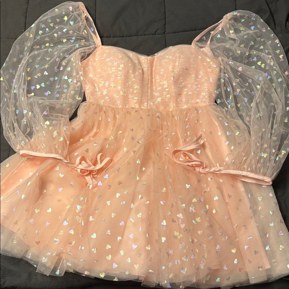 Ava Gowns Pink Heart Patterned Dress with Sheer Sleeves